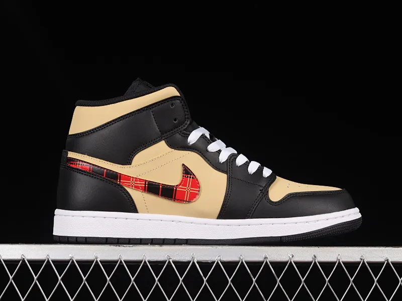 All categories Air Jordan Jordan series basketball shoes Air Jordan 1 Mid G version pure original Air Jordan 1 Mid "Tartan Swoosh" AJ1 Joe 1 plaid skirt black brown red Zhongbang basketball shoes DZ5329-001